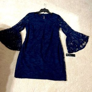 NWT Gorgeous Laced, Junior Dress by BCX color Blue, X. Bell shaped long sleeves.